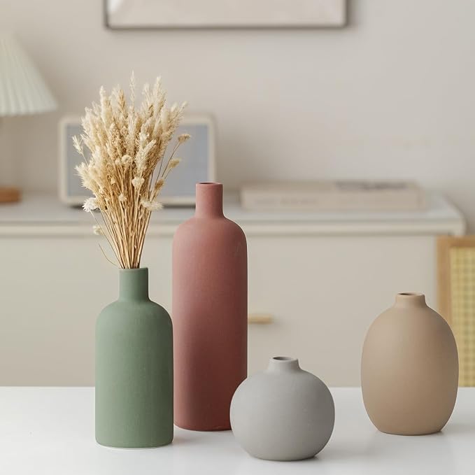 Modern Ceramic Vase Set, Neutral Colors, Decorative Vases for Home Decor, 4 Piece Collection (Green Mix Set 4) - Image 7