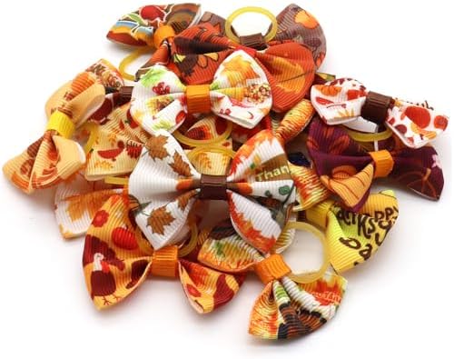 20Pcs/10 Pairs Thanksgiving Pumpkin Maples Pattern Yorkie Dog Puppy Hair Bows with Rubber Bands Hair Accessories Bow Pet Grooming Cute Pet Small Hair Bowknot (Pumpkins) - Image 2