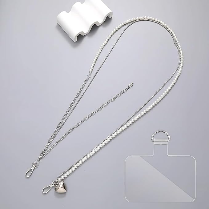 Phone Crossbody Lanyard Double Phone Lanyard,Pearl Chain&Metal Chain Double Universal Phone Strap with Phone Tether Patches for Most Phone(K) - Image 3