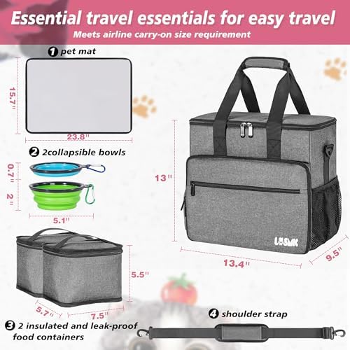 5 Set Dog Travel Bag for Supplies, Dog Lovers, Large Pet Travel Kit Includes 2 Food Containers&2 Collapsible Bowls、Placemats,Grey - Image 4