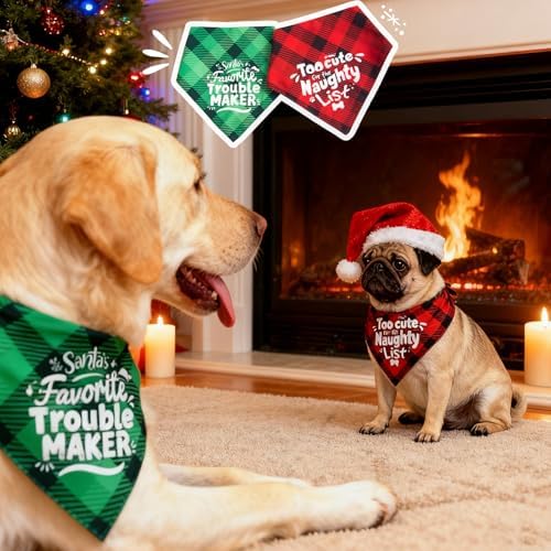 Christmas Dog Bandanas Naughty & Nice Idea Funny Holiday Stocking Pet Scarf Gifts - Too Cute for the Naughty List, Red Plaid, Medium & Large Breed, 25-75lbs - Image 7