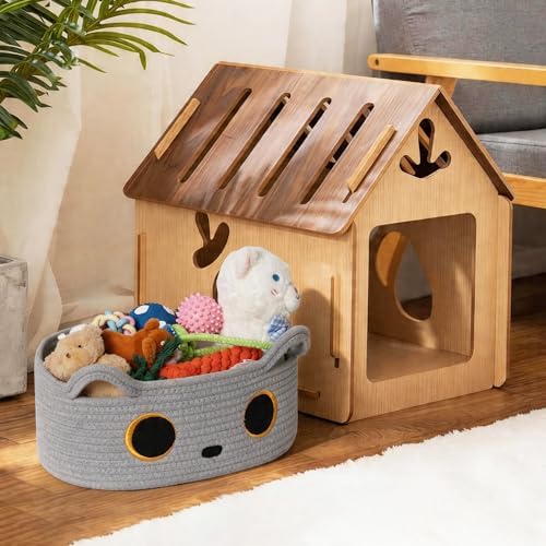 Gray Cat Toy Basket, Small Woven Cat Toy Storage Box with Cute Ears Handle Indoor, Cotton Rope Storage Bin with Embroidered Face for Home Decor, Pet Bed, Nursery Kids Room Organization - Image 6