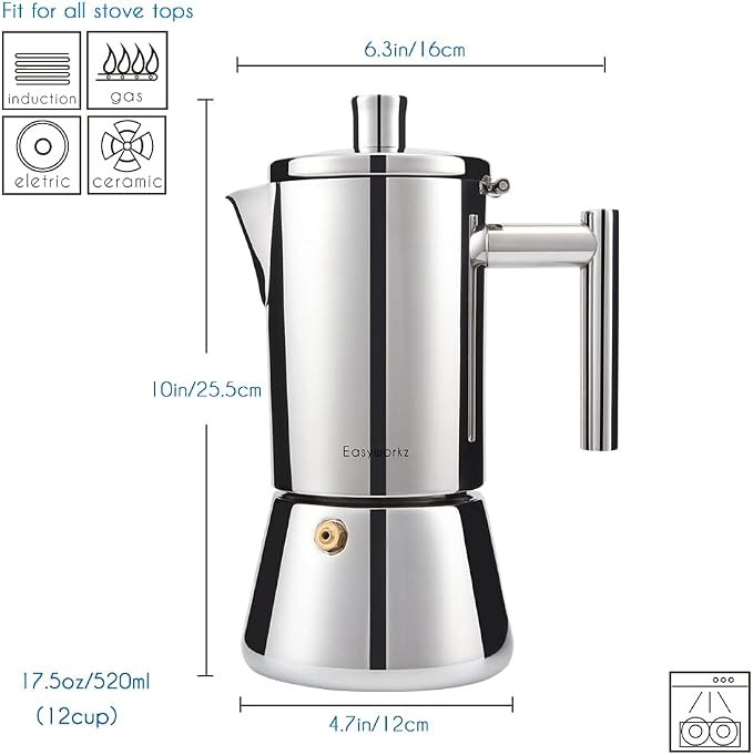 Easyworkz Diego Stovetop Espresso Maker Stainless Steel Italian Coffee Machine Maker 12Cup 17.5 oz Induction Moka Pot - Image 2