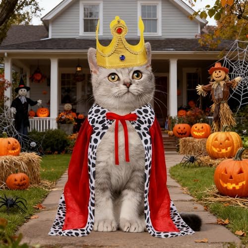GOYOSWA Cat Halloween Costumes, Pet Cat King Costume King Red Cloak Golden Crown Set Halloween King Prince Costumes for Cats Kitty Small Dogs - Image 6