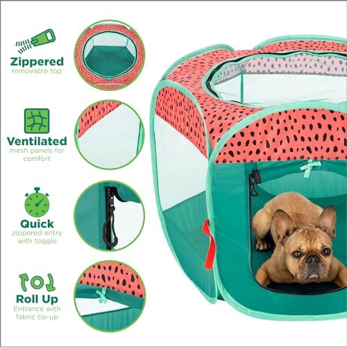 Furhaven Portable Dog Playpen Cat Tent, Pet Playground,Kennel Foldable Indoor Outdoor Zippered Puppy Crate - Green & Pink, Medium - Image 3