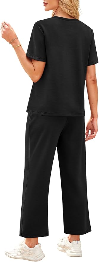 WIHOLL 2 Piece Sets for Women Casual Summer Travel Vacation Outfits Short Sleeve Wide Leg Crop Pants Lounge Sets - Image 5