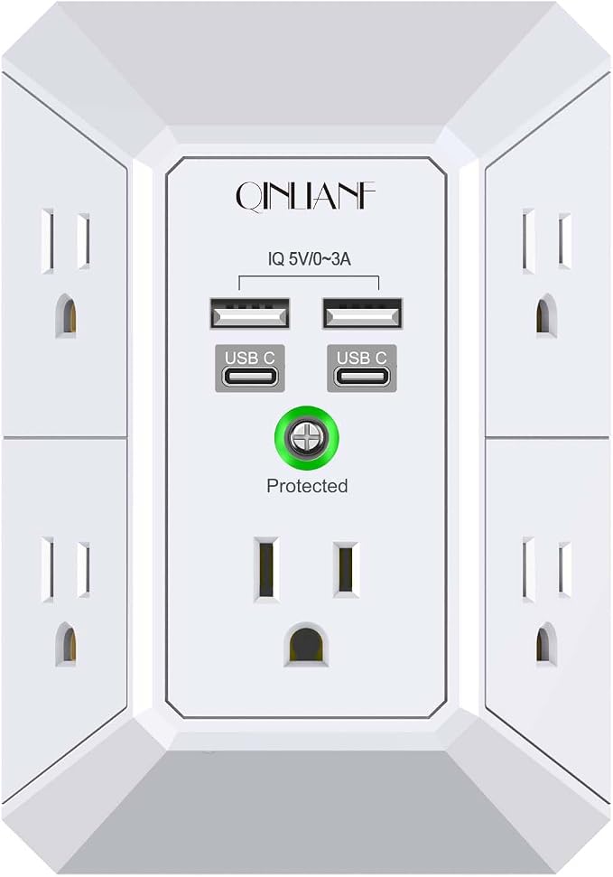 USB Wall Charger, Surge Protector, QINLIANF 5 Outlet Extender with 4 USB Charging Ports(2U2C) 3-Sided 1680J Power Strip Multi Plug Outlets Wall Adapter Spaced for Home Travel Office, White by QINLIANF