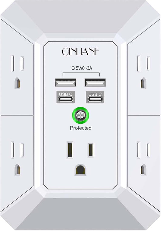 USB Wall Charger, Surge Protector, QINLIANF 5 Outlet Extender with 4 USB Charging Ports(2U2C) 3-Sided 1680J Power Strip Multi Plug Outlets Wall Adapter Spaced for Home Travel Office, White by QINLIANF