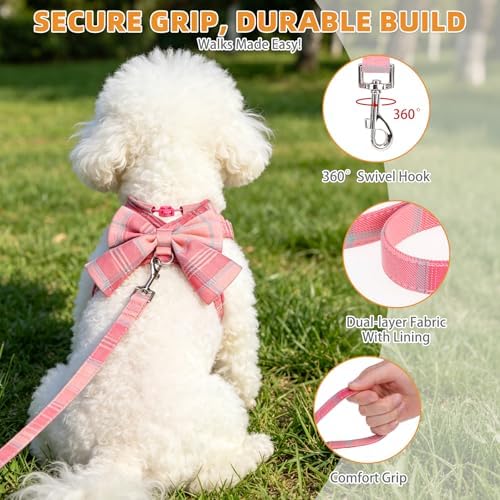 KOOLTAIL Small Dog Harness and Leash Set, Cute Puppy Vest Harnesses with Bowtie, Step in No Pull Soft Mesh Padded Adjustable Plaid Pet Harness for Extra-Samll Medium Dogs Cats, Boy Girl, Pink XS-M - Image 5