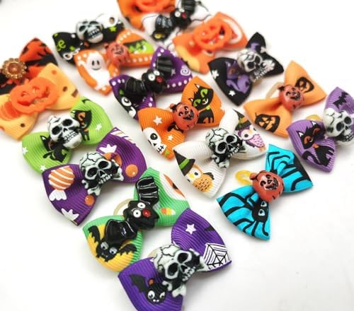 20Pcs/10 Pairs Puppy Yorkie Dog Hair Bow Halloween Ribbon with Rubber Band 40mm, Mix Colors Varies Patterns Pet Grooming Products (Halloween) - Image 7