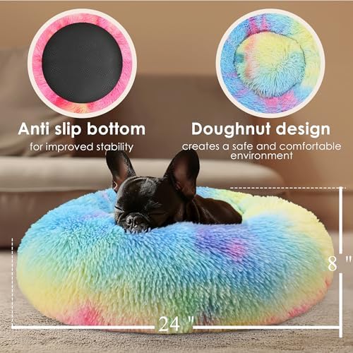 Dogs Bed for Small Dogs, Anti-Anxiety Washable Round Bed (24in Rainbow) - Image 3