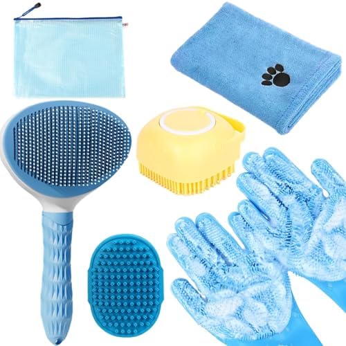 Bath Grooming Kit with Hair Brush, Towel & Scrubber Gloves - 6-in-1 Slicker Brush for Shedding Dogs & Cats, Blue by KUEIOX
