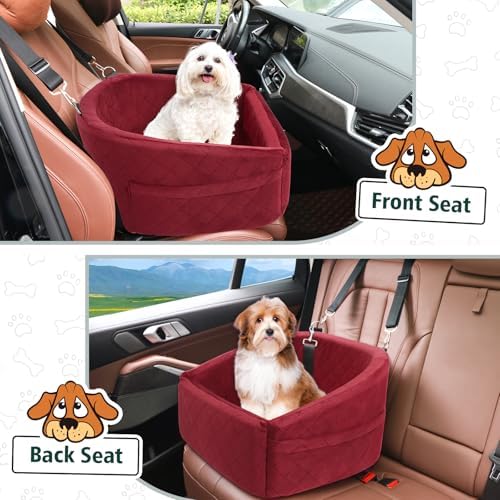 NEEZUKAR Dog Car Seat for Small Medium Dogs,Detachable Washable Dog Booster Seat Under 30lbs, Pet Car Seats Travel Bed with Storage Pockets and Safety Belt(Red) - Image 6