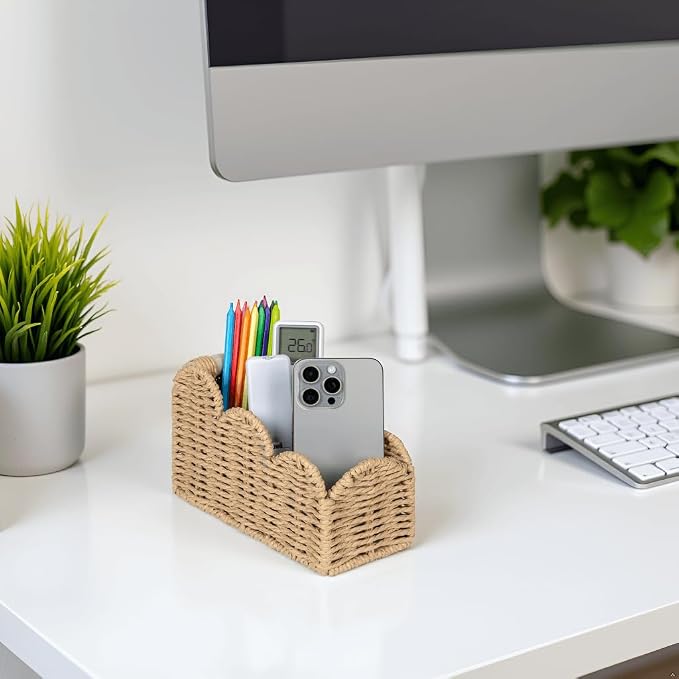 CubesLand Bedside Table Desk Organizer Caddy, Remote Pen&Pencil Holder Cup | Makeup Brush Holder w/Scalloped Perfect for Home, Office Desk, Living Room Table Decor, 3 Slots Beige - Image 5
