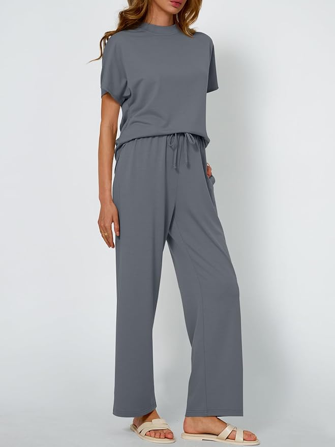 AUTOMET Women's 2 Piece Matching Lounge Sets 2026 Summer Mock Neck Sweatsuits Short Sleeve Loungewear Travel Outfits - Image 3