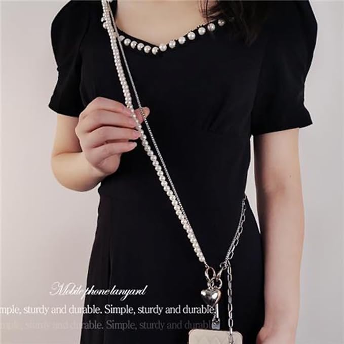 Phone Crossbody Lanyard Double Phone Lanyard,Pearl Chain&Metal Chain Double Universal Phone Strap with Phone Tether Patches for Most Phone(K) - Image 6