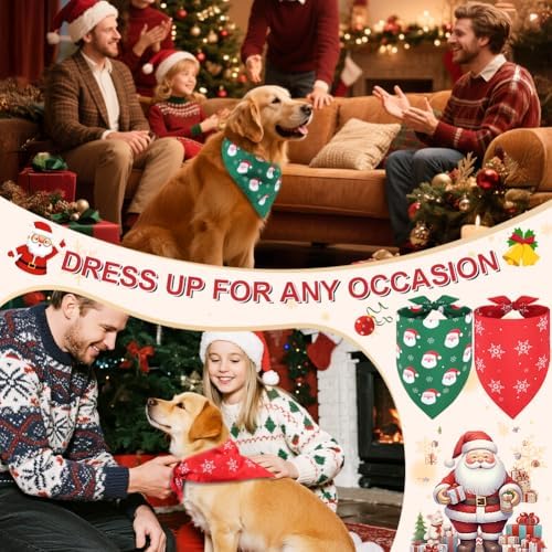 Vivifying Christmas Dog Bandana 2 Pack - Holiday Pet Scarves with Santa & Snowflake Prints, Red and Green Reversible Triangle Dog Bibs for Large & Extra Large Dogs (Size XL) - Image 4