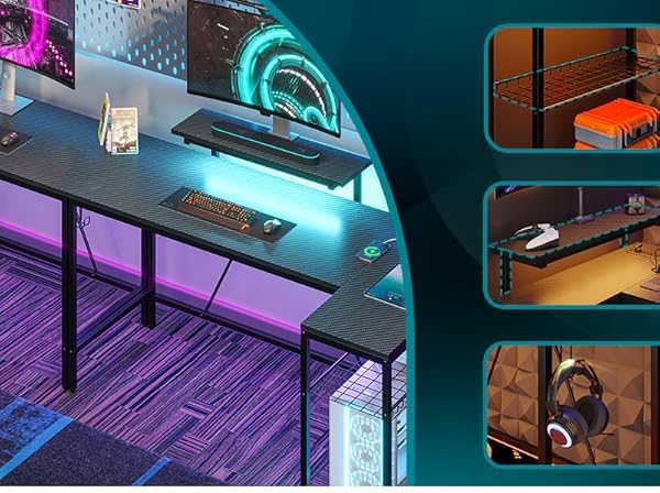 Bestier 58-Inch L-Shaped Gaming Desk with Charging & LED, Black | Charging 3AC+2USB, RGB LED Strip, Reversible Shelves, Monitor Stand, Headphone Hook, Metal Mesh Shelf, 58 in - Image 7