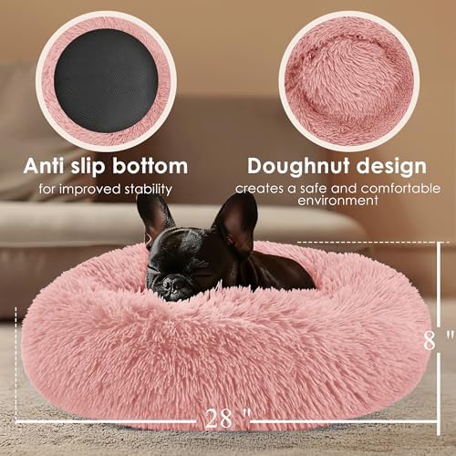 28in Large Dog Bed, Calming Donut Bed for Puppy and Kitten (Pink) - Image 3