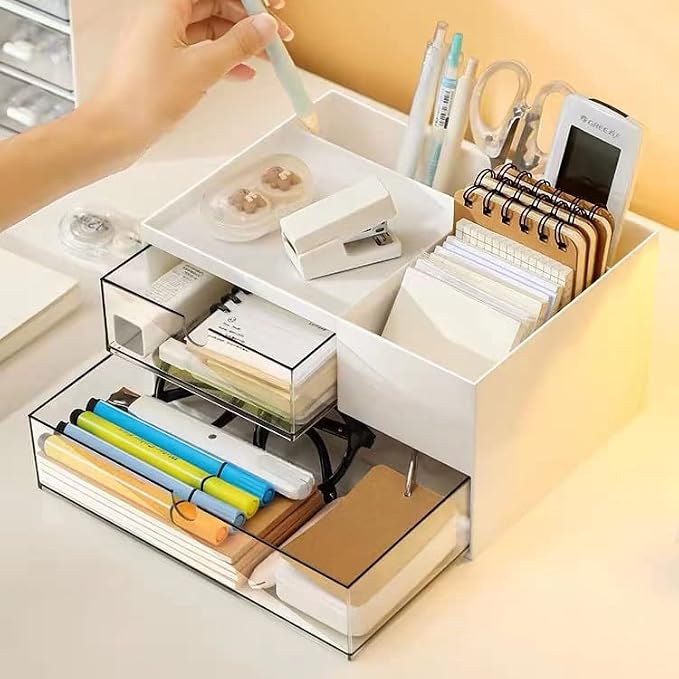 Desk Drawer Organizer, Desk Storage Box with 2 Drawers and 4 Compartments, Multifunctional Desk Accessories & Countertop Organizers for Office School Home (White） - Image 4