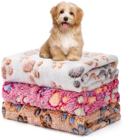 1 Pack 3 Blankets Fluffy Premium Fleece Soft Pet Blanket Flannel Throw for Cat Dog Puppy (Large 41x31'', Paw-White/Pink/Brown) by Unknown