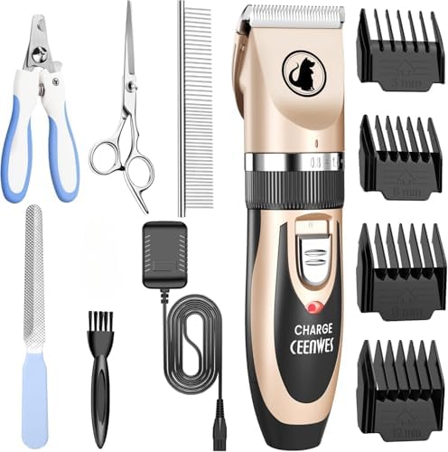 Ceenwes Dog Clippers Low Noise Pet Clippers Rechargeable Trimmer Cordless Grooming Tool Professional Dog Hair Trimmer with Comb Guides Scissors for Dogs Cats & Others（Gold） by Ceenwes