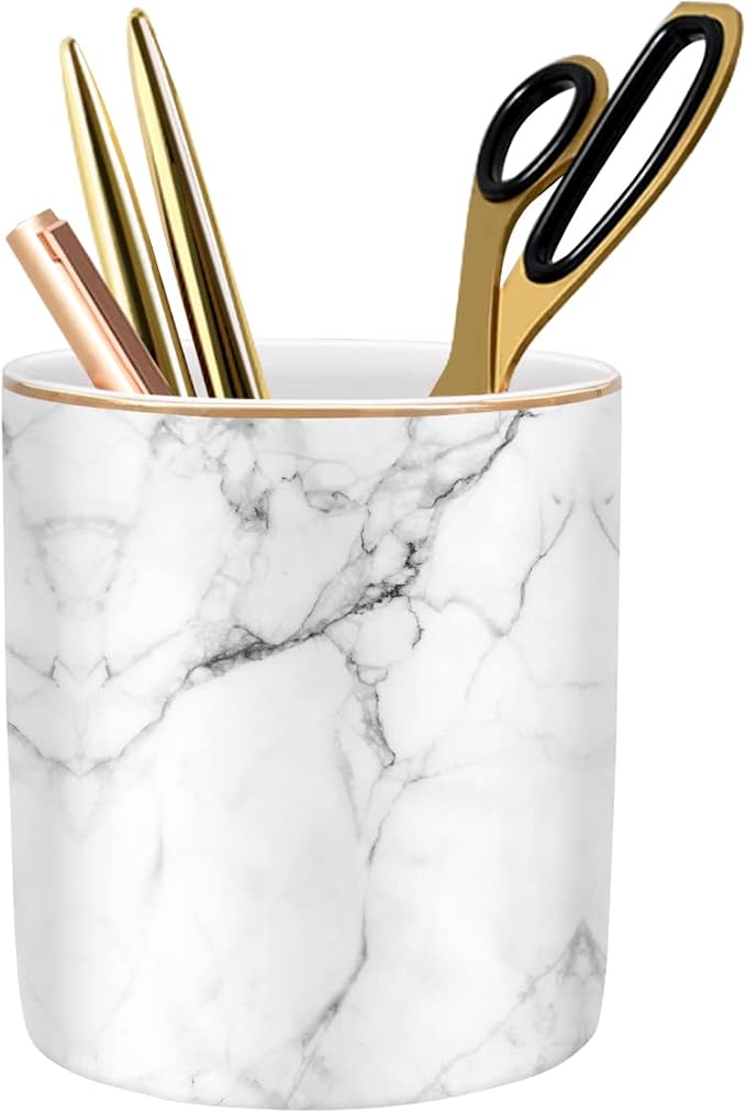 Pen Holder for Desk Cute, Modern Marble Desk Organizer, Durable Ceramic Pencil Cup, Makeup Brush Holder Cup, Multifunctional Office Stationery Holder for Women, Men, White Marble by WAVEYU