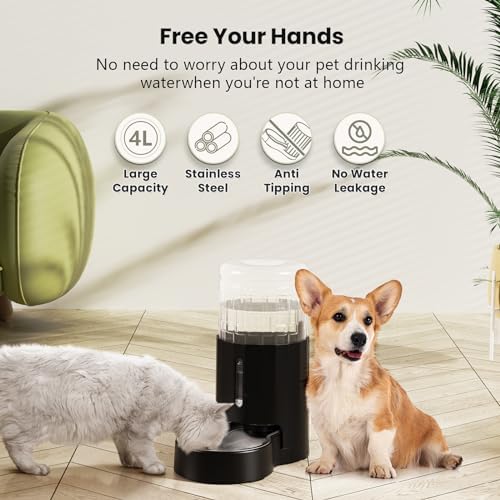 CZPET Automatic 4L/135Oz/1Gal Cat Water Dispenser with Stainless Steel Bowl, Gravity Waterer for Small Medium Dog Puppy Kitten (Black) - Image 2