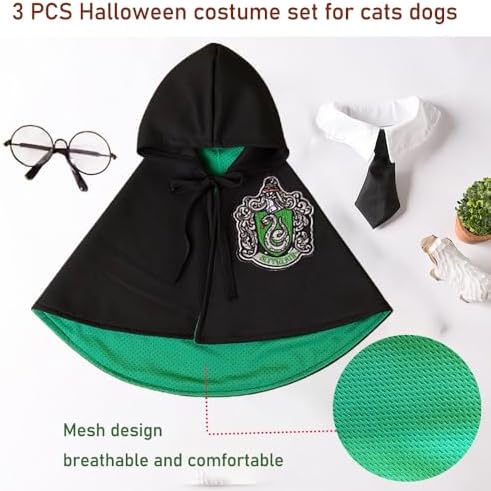 ANIAC 3PCS Halloween Dog Costume Cat Wizard Cape Glasses and Necktie Set Halloween Puppy Outfit Pet Academy Magician Cosplay Apparel for Kitten Cat Small Dogs (Black+Green, Small) - Image 3
