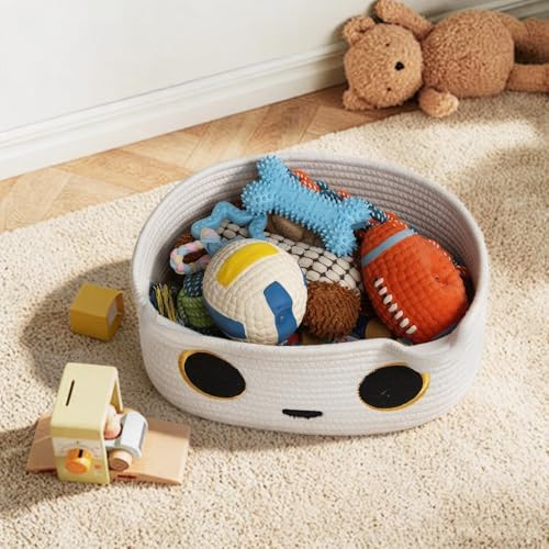 White Cat Toy Basket, Small Woven Cat Toy Storage Box with Cute Ears Handle Indoor, Cotton Rope Storage Bin with Embroidered Face for Home Decor, Pet Bed, Baby Nursery Kids Room Organization - Image 3