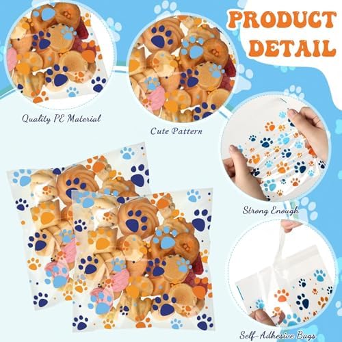 Pasimy 200 Pcs Dog Paw Treat Bags, Clear Self Adhesive Blue Orange - Image 3