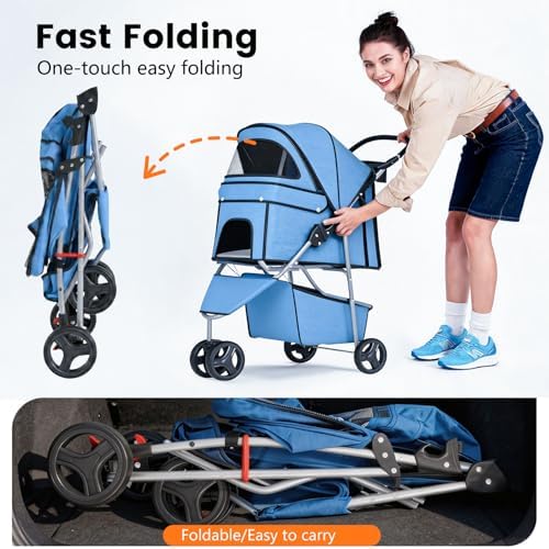 BestPet | 3-Wheel Pet Stroller | Blue | Foldable Dog and Cat Stroller - Image 3