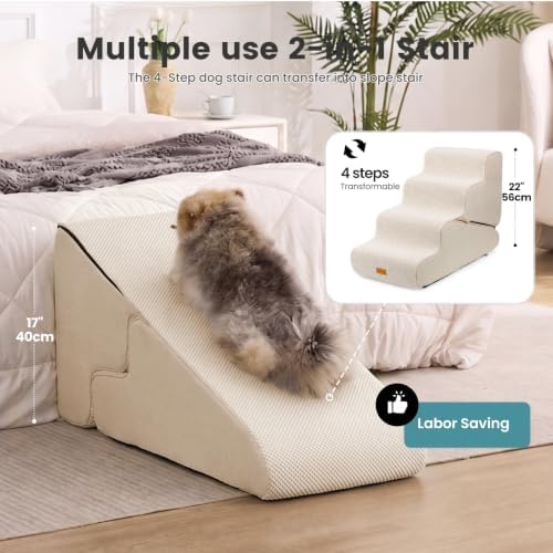 Gardner Pet Dog Stairs for Small Dogs 22" H, 2 in 1 Transformable 4-Step Pet Stairs and Dog Ramp for Couch Bed (23-27 in), Adjustable Pet Steps Beige - Image 2