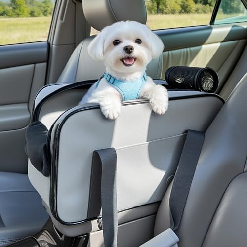 PETSFIT Multipurpose Console Dog Car Seat, Portable Small Dog Car Seat for Dogs, Cat Carrier, Pet Carrier Airline Approved with Safety Tether and Pockets (Light Grey) by Petsfit
