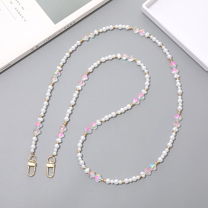 Phone Chain Crossbody Pearl Strap,Pearl Beaded Chain Shoulder Crossbody Lanyard with Phone Tether Patches Compatible with Most Phones Bag Purse (F) - Image 4