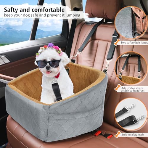 NEEZUKAR Dog Car Seat for Small Medium Dogs,Detachable Washable Dog Booster Seat Under 30lbs, Pet Car Seat Travel Bed with Storage Pockets and Dog Safety Belt(Grey/Brown) - Image 3
