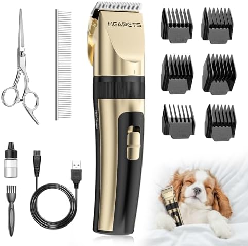 HEAPETS Dog Grooming Clippers, Low Noise, Electric Quiet, Adjustable Clipper Comb, Rechargeable Cordless Dog Hair Clippers for Dogs Cats Pets, Gold by Heapets