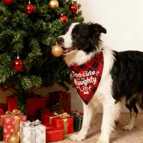 Christmas Dog Bandanas Naughty & Nice Idea Funny Holiday Stocking Pet Scarf Gifts - Too Cute for the Naughty List, Red Plaid, Medium & Large Breed, 25-75lbs - Image 6