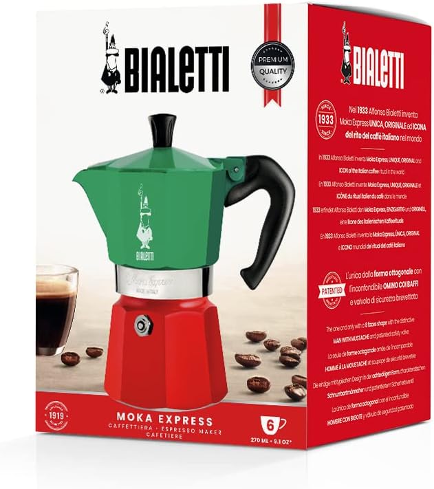 Bialetti - Moka Express Italia Collection: Iconic Stovetop Espresso Maker, Makes Real Italian Coffee, Moka Pot 6 Cups (9 Oz - 270 Ml), Aluminium, Colored in Red Green Silver - Image 5
