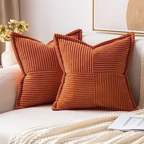 MIULEE Fall Rust Decorative Euro Sham Throw Pillow Covers for Couch Bed Livingroom 22x22 Inch Set of 2 Boho Accent Throw Pllows Broadside Striped Patchwork Soft Corduroy Pillowcases, Terracotta by MIULEE