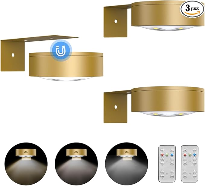 3Pack Picture Light Battery Operated Painting Lights for Wall Wireless Magnetic Display Art Light with Remote Control,Dimmable&Timer Portrait Light for Art Frame Artworking,Wall Decor Puck Lights-Gold by Xuolder