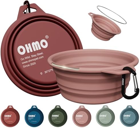 OHMO Large Collapsible Dog Bowls, Steel Rim, 27oz, 2pcs, Coral&Brick Red by OHMO