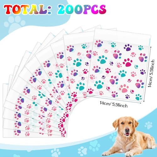 Pasimy 200 Pcs Dog Paw Treat Bags, Clear Self Adhesive Light Blue - Image 2