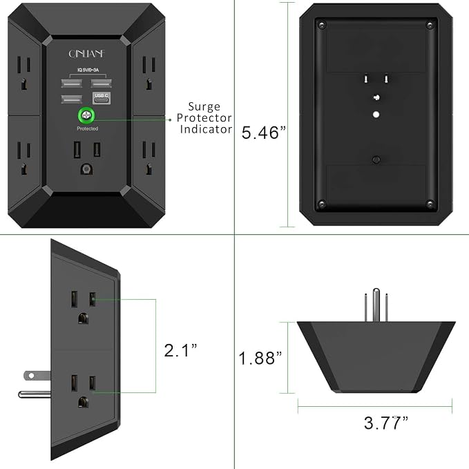 USB Wall Charger, Surge Protector, QINLIANF 5 Outlet Extender with 4 USB Charging Ports (4.8A Total) 3-Sided 1680J Power Strip Multi Plug Outlets Wall Adapter Spaced for Home Travel Office, Black - Image 7