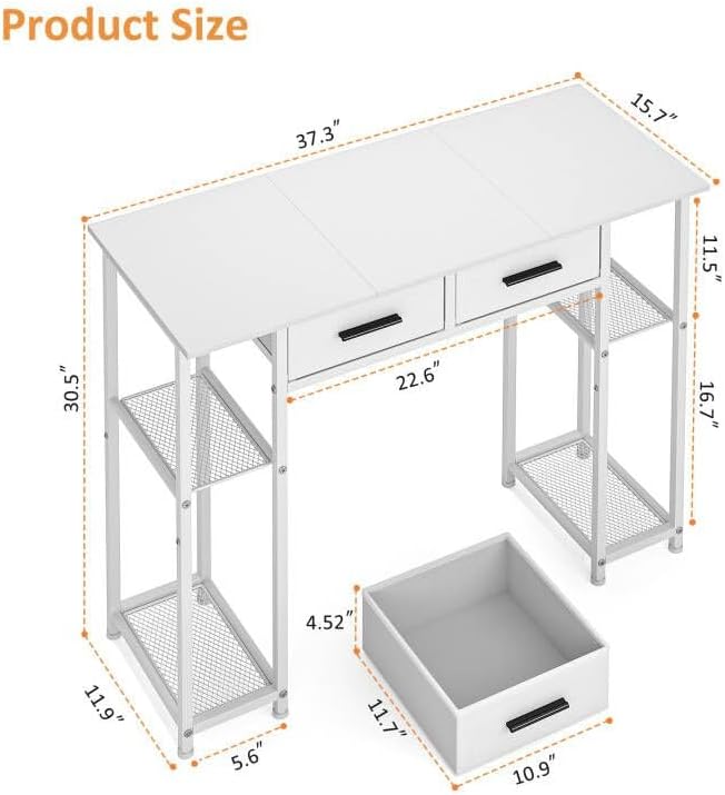 DAOUTIME White Computer Desk with Drawers, 37.3 Inch Home Office Work Desk with Storage Shelf, Kids Teens Study Table for Small Space, Small Writing PC Table for Bedroom Makeup Vanity Desk - Image 2