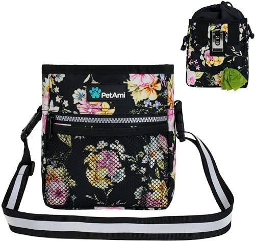 PetAmi Hands Free Dog Treat Pouch for Training and Walking, Floral Black by PetAmi