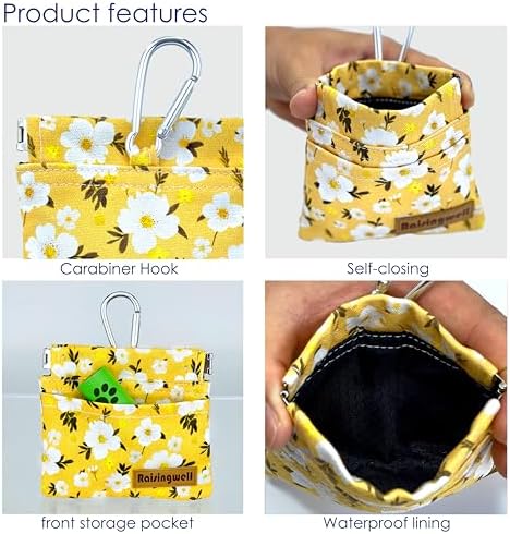Raisingwell Dog Treat Pouch, Pocket Sized Pet Training Pouch, Cotton Fabric, Hand Free Yellow Flower Dog Walking Bag with Carabiner, Self-Closing Pet Feed Snack Reward, for Puppy Travel or Outdoor Use - Image 3