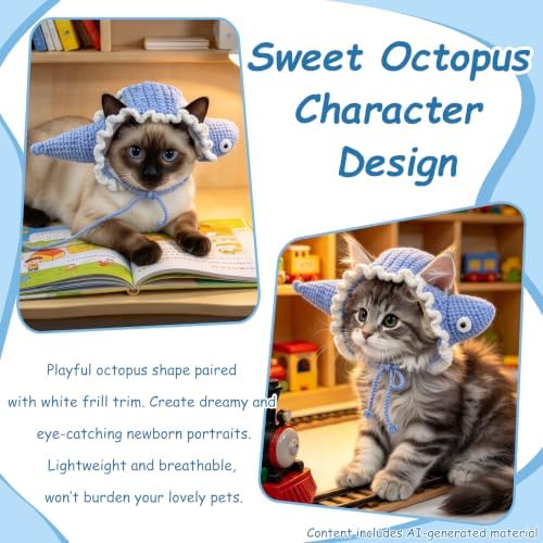 Fish Cat Hat, Cotton & Soft Cute Knitted Hats for Cats Birthday Party Spring Christmas Puppy Hat for Small Pets (Blue,M) - Image 3