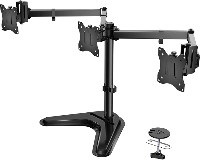 WALI Free Standing Triple Monitor Mount, Heavy Duty Triple Monitors Stand for 13-27 inch Screens, Adjustable 3 Monitor Arm Desk Mount with Swivel, Tilt, Rotation, Grommet Base (MF003N), Black by WALI