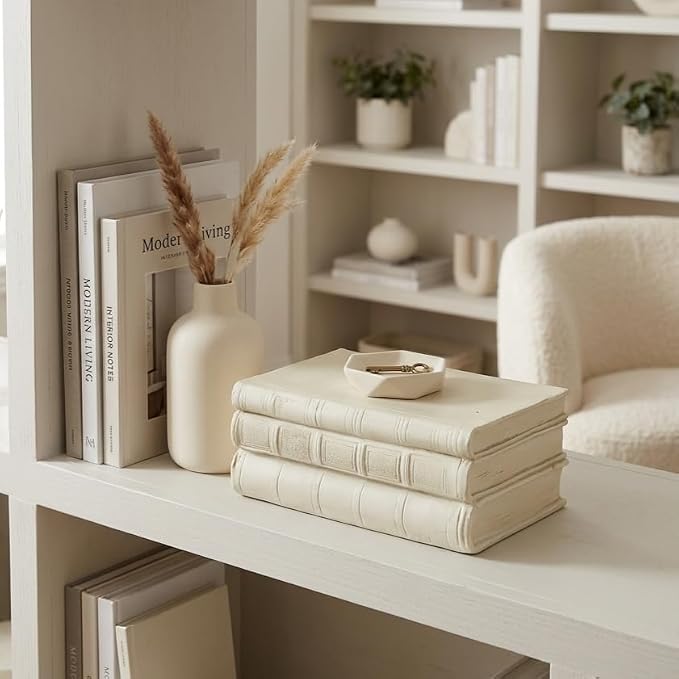 Guichifun Faux Books Living Room Decor - Resin Cute Cream Farmhouse Decor Fake Modern Fashion Decorative Books Set for Office Mantle Shelves Coffee Table Decor 4.2 * 2.7 * 6.2 Inch - Image 3